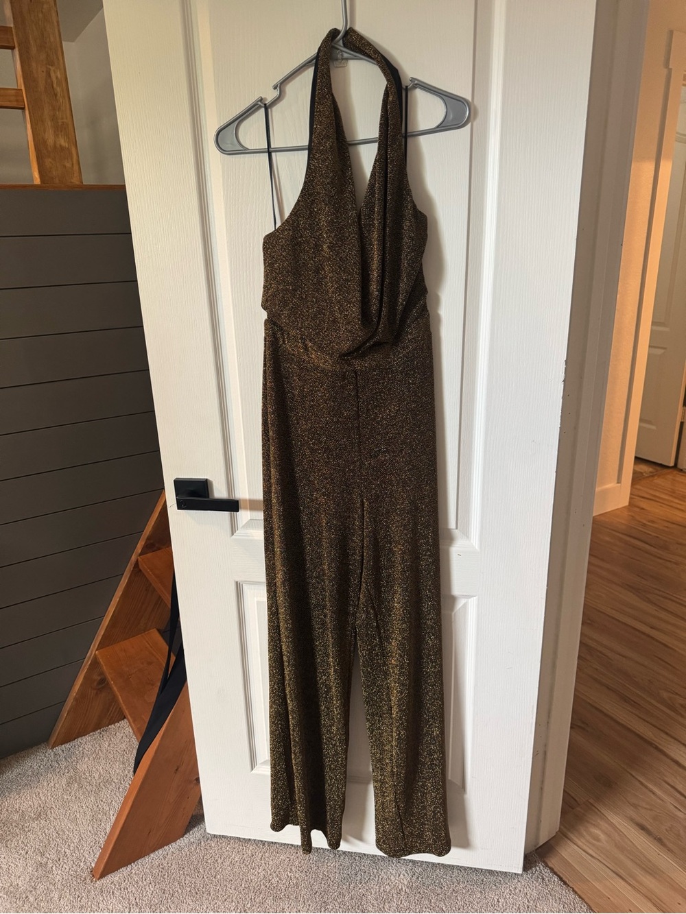 Gold Metallic Halter Jumpsuit Dress - Elegant Evening Look